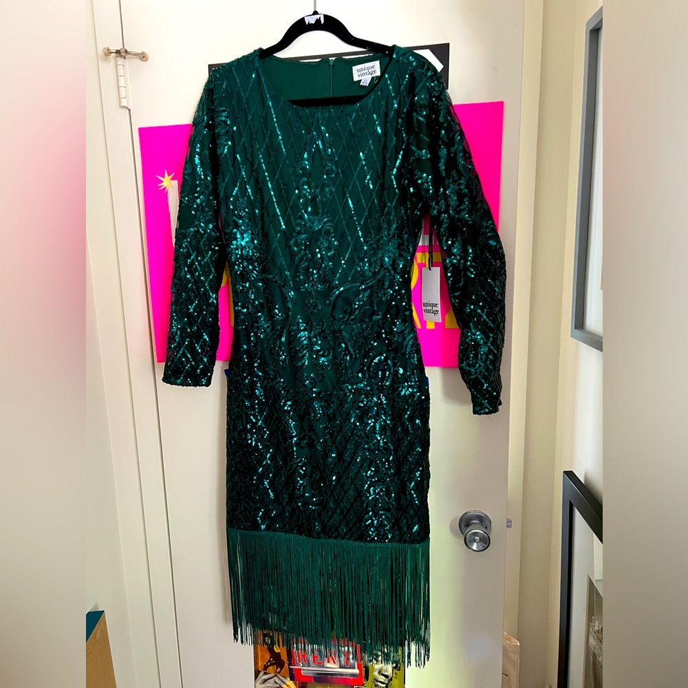 Unique Vintage - Emerald Green Sequin and Fringe Sheath Dress - NWT - L 10/12
